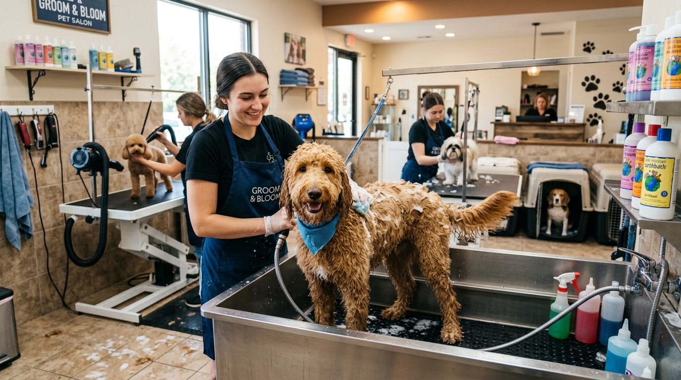 Peluquero canino atendiendo a un perro en un servicio a domicilio
